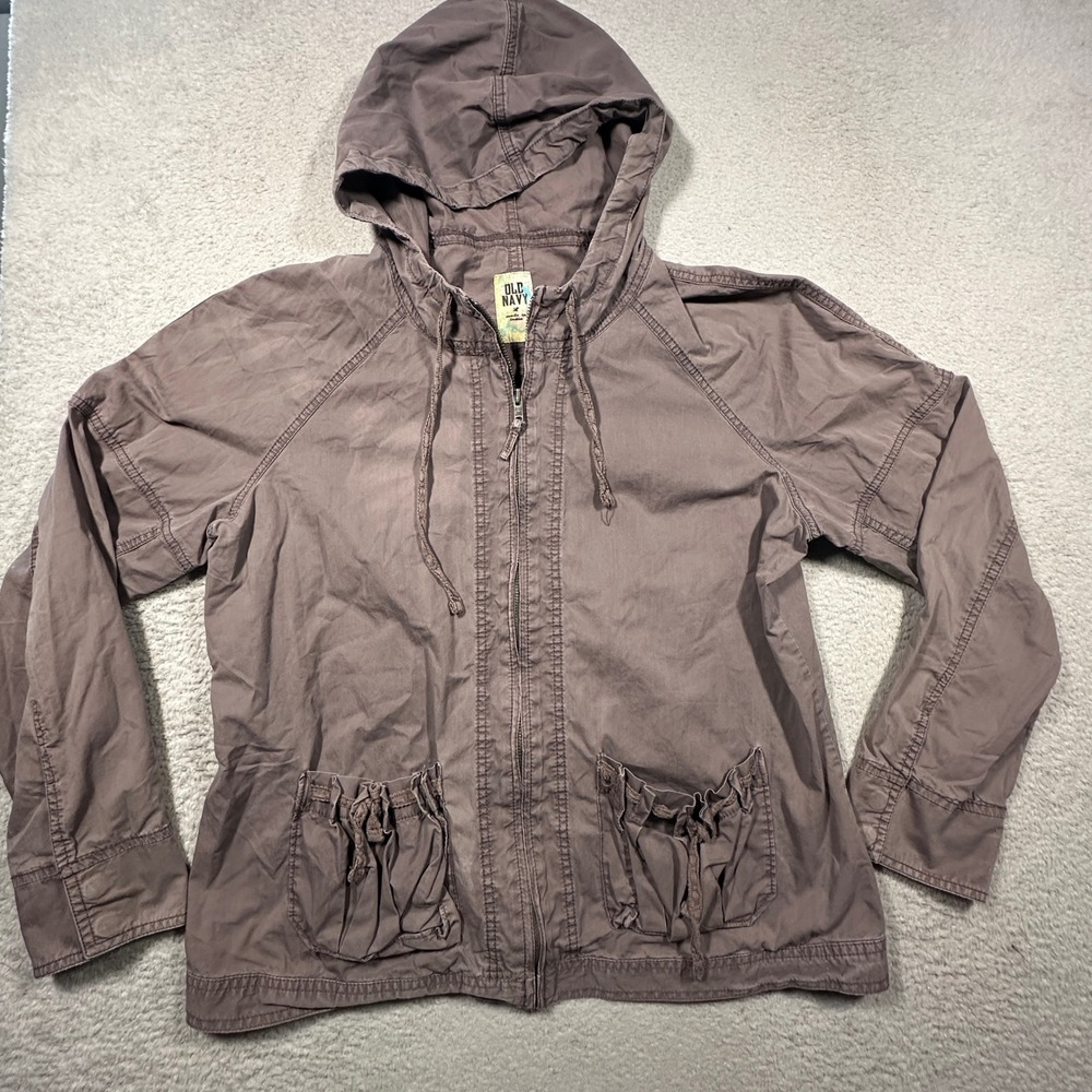 Vintage Y2K Old Navy Utility Jacket Women L Light Brown Hooded Cargo Cotton 2007